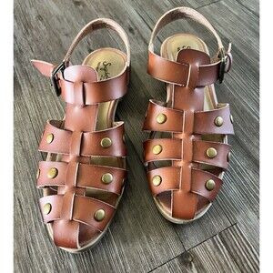 Seychelles Brown Leather Gladiator Sandals with Brass Studs